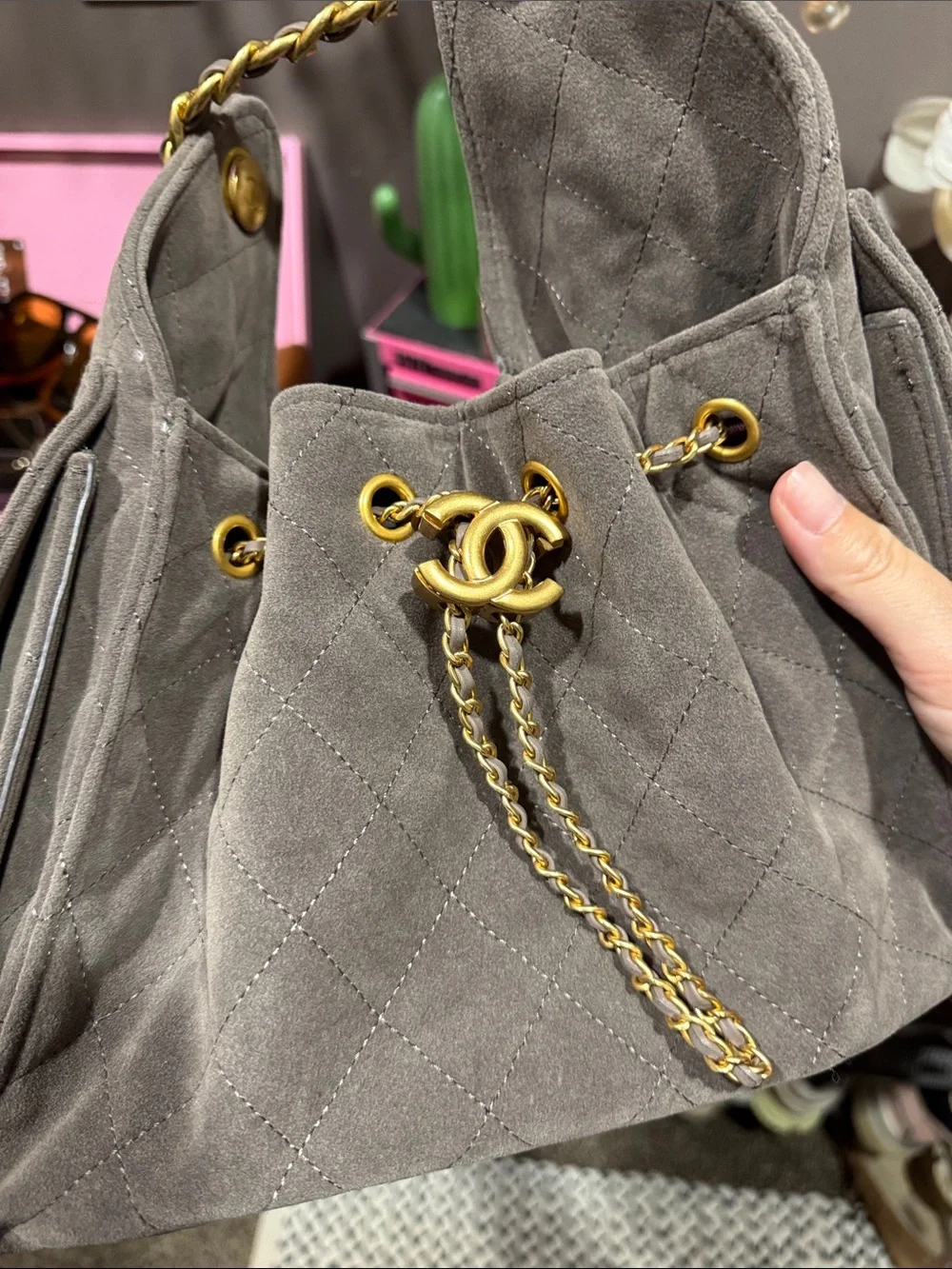 Chanel Quilted Suede Drawstring Shoulder Bag - Gray